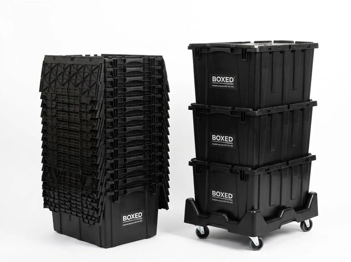 Plastic moving boxes nested with lids open beside packed boxes stacked on a rolling dolly