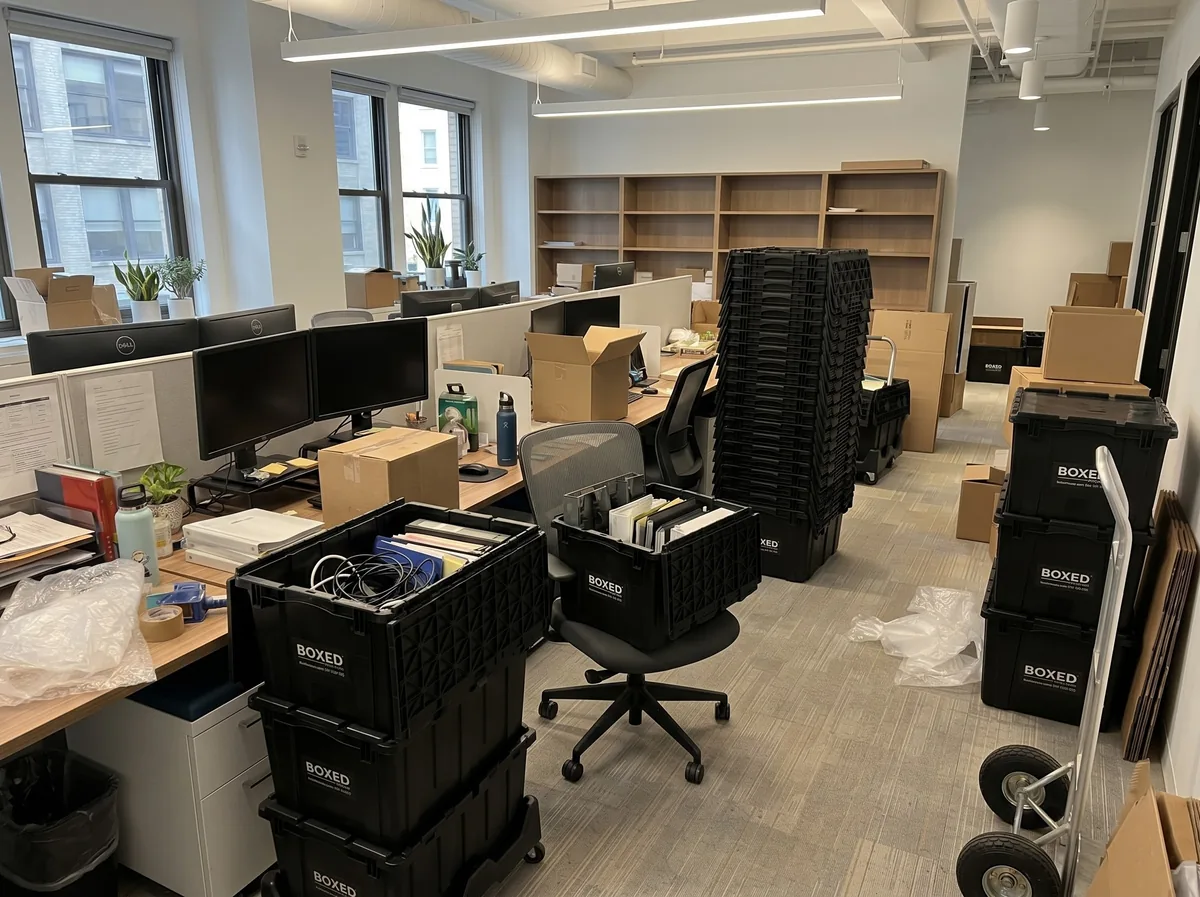 Boxed Moves plastic moving boxes holding files and office equipment during an office relocation