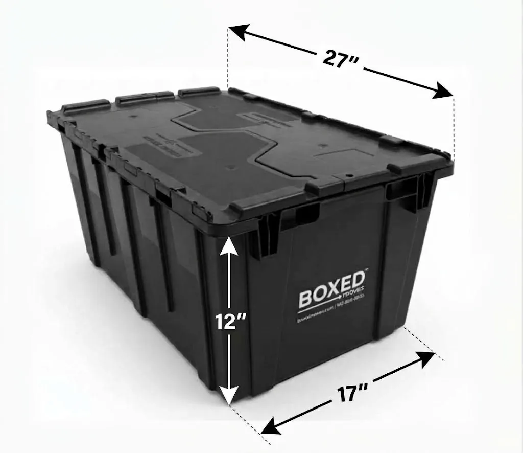 Boxed Moves plastic moving box measuring 27 by 17 by 12 inches